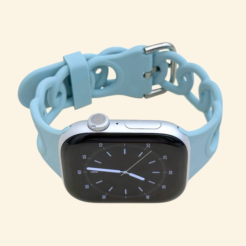 Light Mint Blue Cutout Chain Link Silicone Band for Apple Watch - Carapace StudioWatch BandCarapace StudioCarapace StudioCS-7868-MNT-SIL-1Apple Watch Ultra 3 (49mm)Light Mint Blue Cutout Chain Link Silicone Band — front face view on Apple Watch
