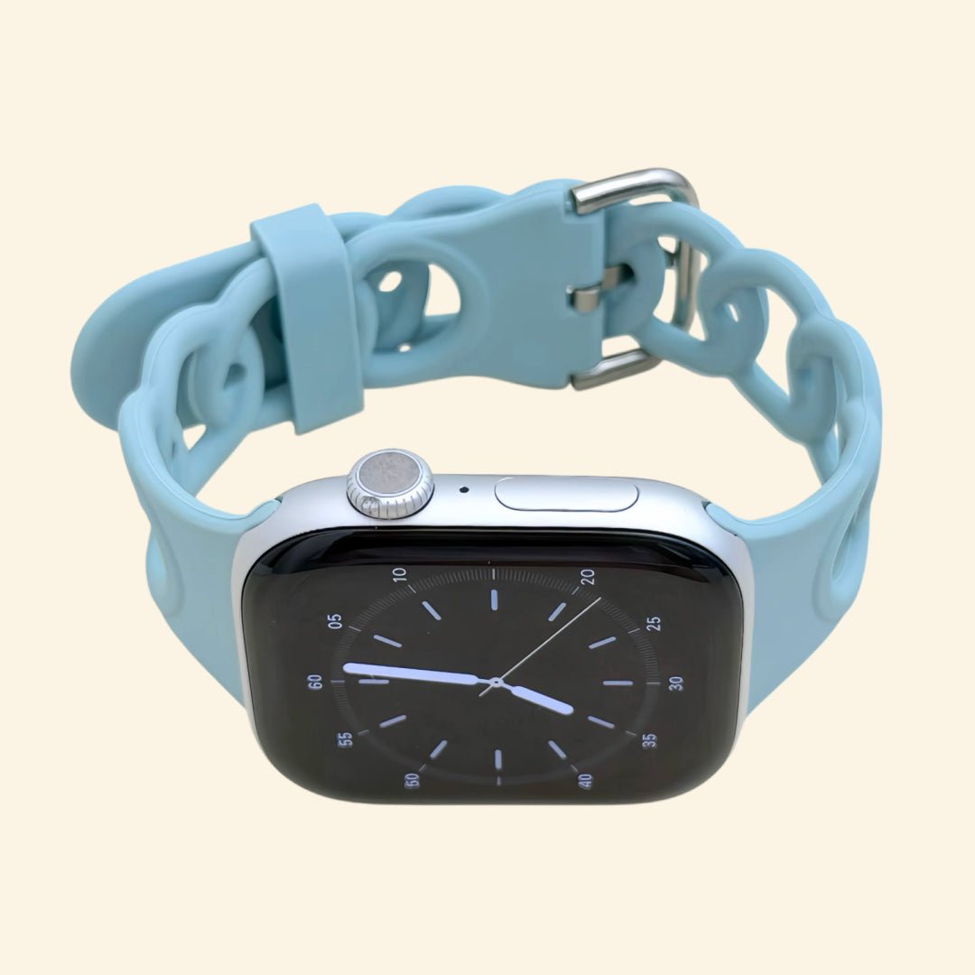 Light Mint Blue Cutout Chain Link Silicone Band for Apple Watch - Carapace StudioWatch BandCarapace StudioCarapace StudioCS-7868-MNT-SIL-1Apple Watch Ultra 3 (49mm)Light Mint Blue Cutout Chain Link Silicone Band — front face view on Apple Watch