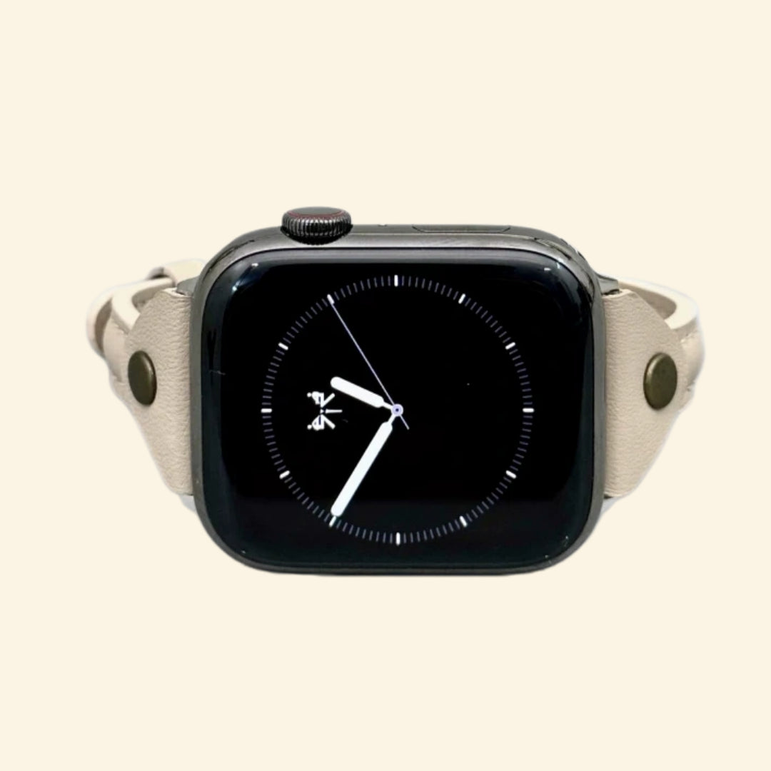Oatmeal Cream Leather Band — front face view on Apple Watch