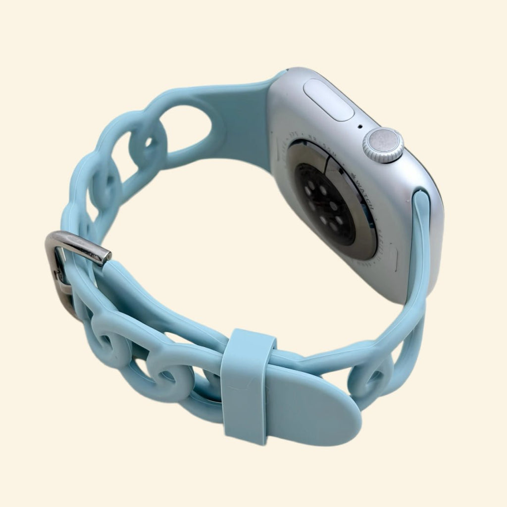 Light Mint Blue Cutout Chain Link Silicone Band for Apple Watch - Carapace StudioWatch BandCarapace StudioCarapace StudioCS-7868-MNT-SIL-1Apple Watch Ultra 3 (49mm)Light Mint Blue Cutout Chain Link Silicone Band — rear sensor view on Apple Watch