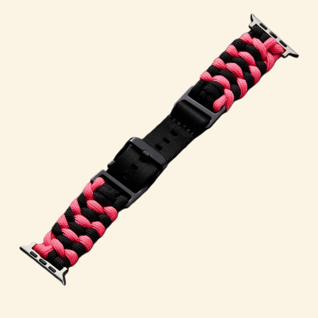 Hot Pink Paracord Braided Band for Apple Watch — Specimen No. 10112 - Carapace StudioApple Watch BandCarapace StudioCarapace StudioCS-10112-PCRD-HPK-AW-1Apple Watch Ultra 3 (49mm)Hot Pink Paracord Braided Apple Watch Band — size comparison flat lay with Apple Watch showing 38mm and 42mm variants, Specimen No. 10112