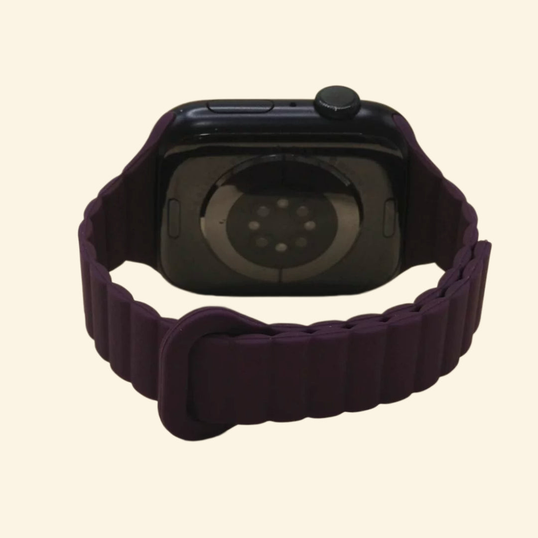 Deep Eggplant Magnetic Silicone Band — rear view with magnetic clasp detail on Apple Watch