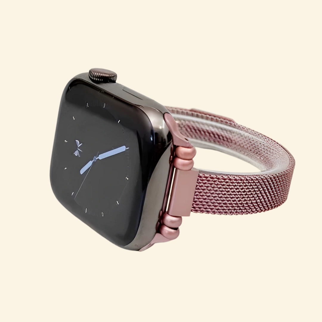 Rose Gold Milanese Band — rear sensor view on Apple Watch