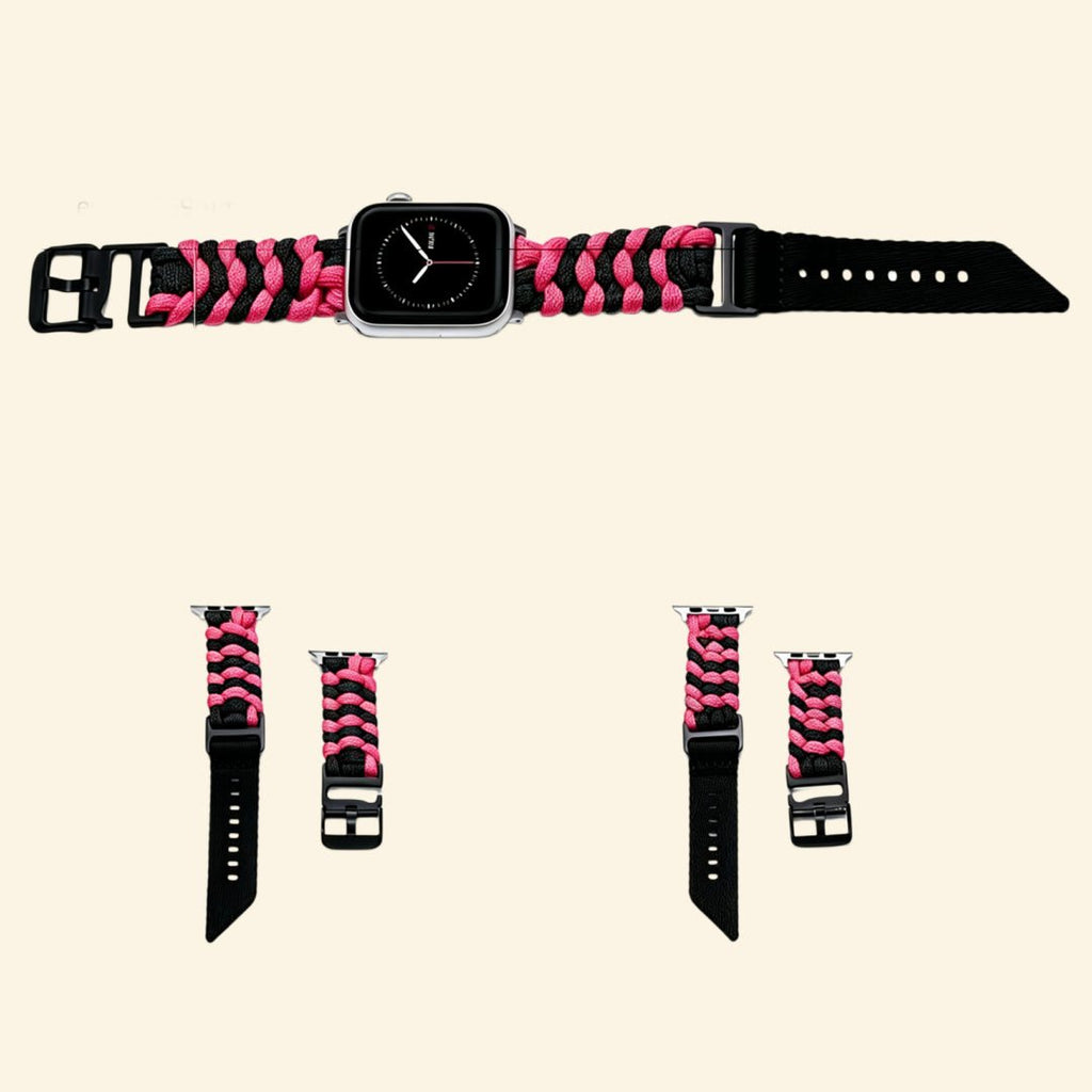 Hot Pink Paracord Braided Band for Apple Watch — Specimen No. 10112 - Carapace StudioApple Watch BandCarapace StudioCarapace StudioCS-10112-PCRD-HPK-AW-1Apple Watch Ultra 3 (49mm)Hot Pink Paracord Braided Apple Watch Band — front-facing view on Apple Watch with high-contrast pink and black pattern, Specimen No. 10112