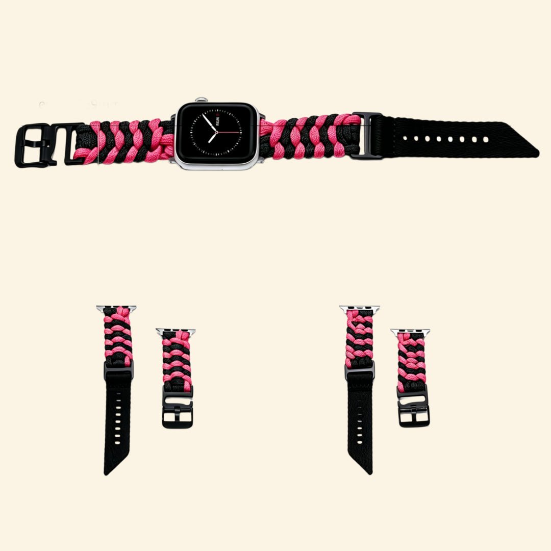 Hot Pink Paracord Braided Band for Apple Watch — Specimen No. 10112 - Carapace StudioApple Watch BandCarapace StudioCarapace StudioCS-10112-PCRD-HPK-AW-1Apple Watch Ultra 3 (49mm)Hot Pink Paracord Braided Apple Watch Band — front-facing view on Apple Watch with high-contrast pink and black pattern, Specimen No. 10112