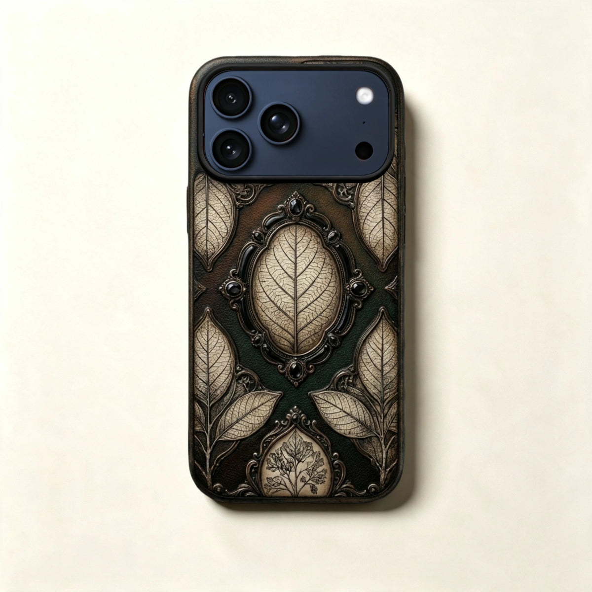 The Cameo Specimen — Victorian Frame & Jeweled Leaf Enclosure for iPhone 17 Pro Max