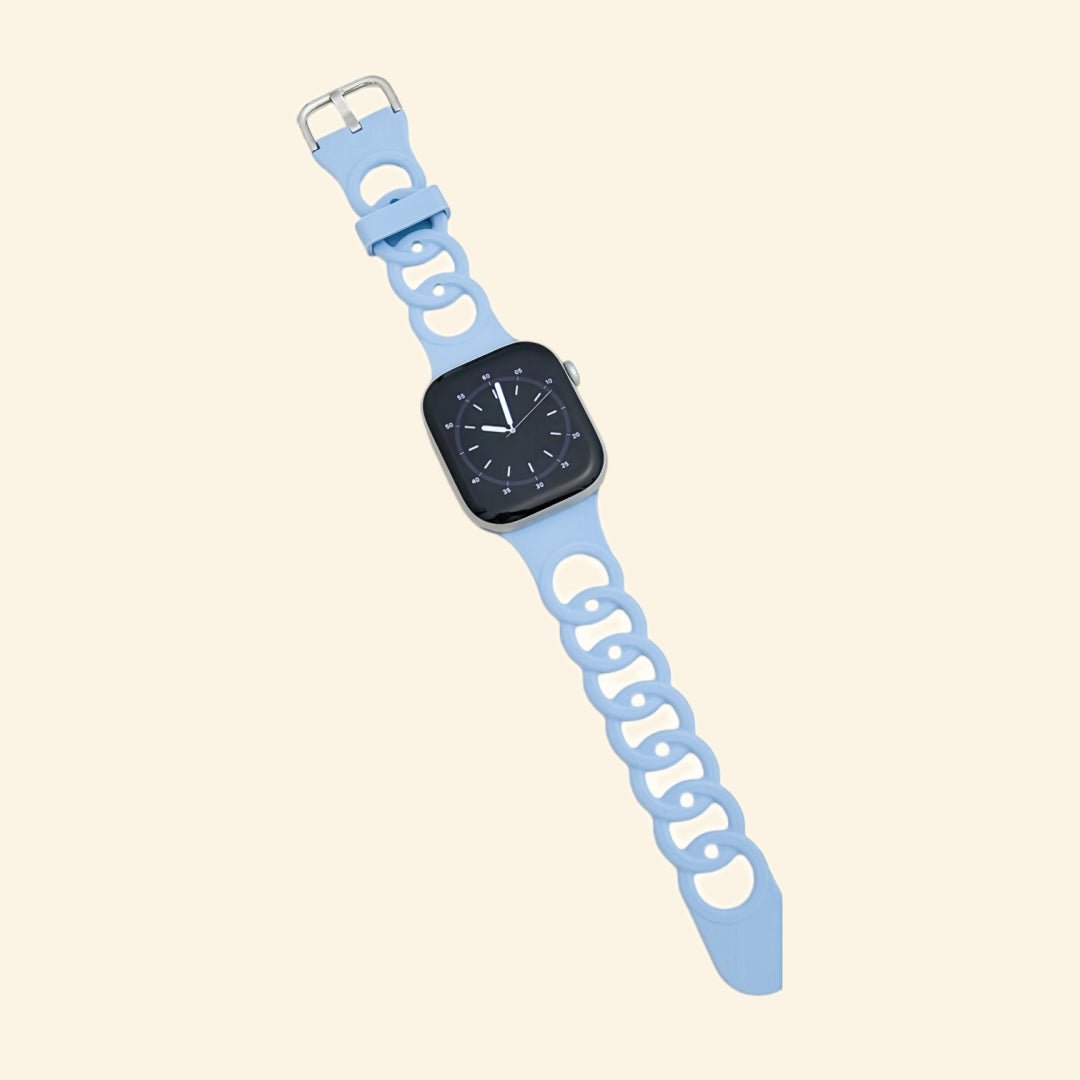 Light Mint Blue Cutout Chain Link Silicone Band for Apple Watch - Carapace StudioWatch BandCarapace StudioCarapace StudioCS-7868-MNT-SIL-1Apple Watch Ultra 3 (49mm)Light Mint Blue Cutout Chain Link Silicone Band — flat lay showing full strap length and chain link detail