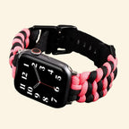 Hot Pink Paracord Braided Band for Apple Watch — Specimen No. 10112 - Carapace StudioApple Watch BandCarapace StudioCarapace StudioCS-10112-PCRD-HPK-AW-1Apple Watch Ultra 3 (49mm)Hot Pink Paracord Braided Apple Watch Band — angled side view on Apple Watch showing vivid pink-black braid texture, Specimen No. 10112