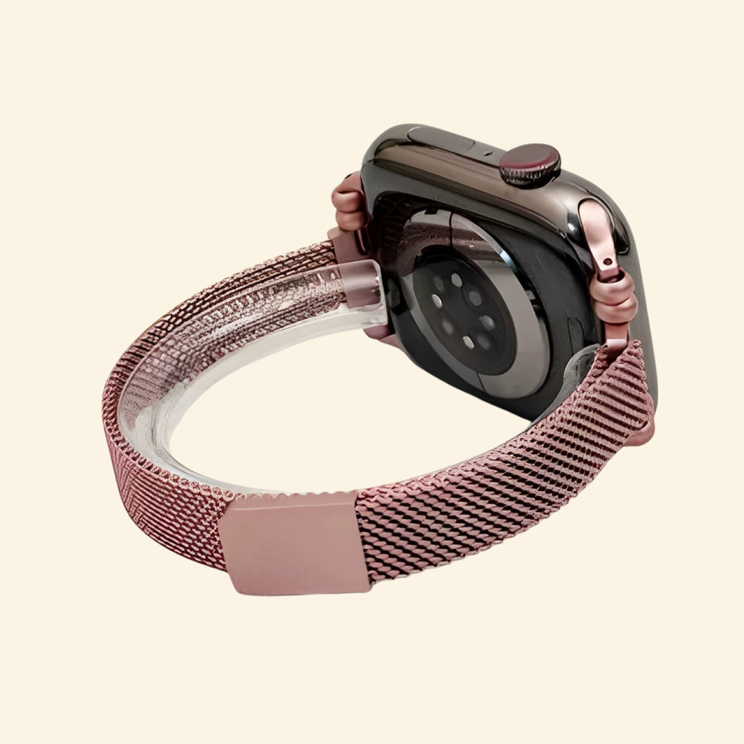 Rose Gold Milanese Band — front face view on Apple Watch