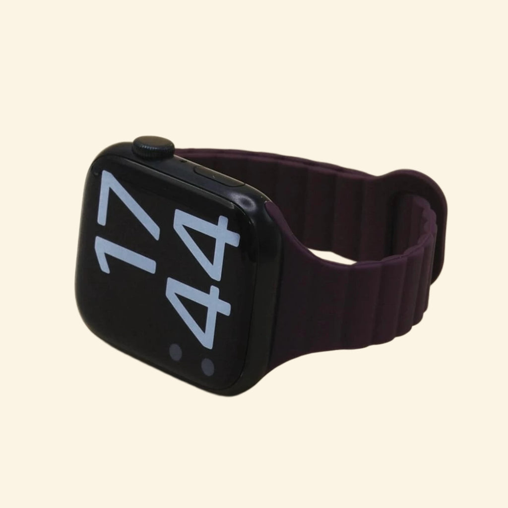 Deep Eggplant Magnetic Silicone Band — front face view on Apple Watch