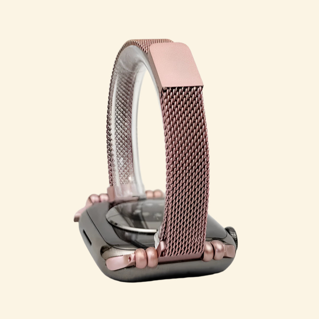 Rose Gold Milanese Band — angled side profile on Apple Watch