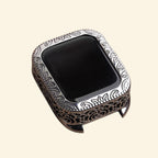Baroque silver Apple Watch case detail composite — top: side lug and scrollwork close-up; bottom: back sensor dome and spring hinge mechanism close-up