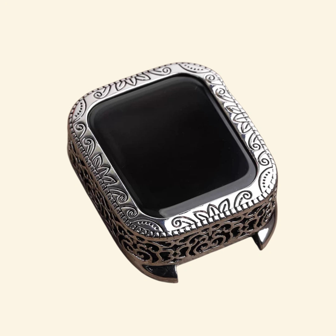 Baroque silver Apple Watch case detail composite — top: side lug and scrollwork close-up; bottom: back sensor dome and spring hinge mechanism close-up