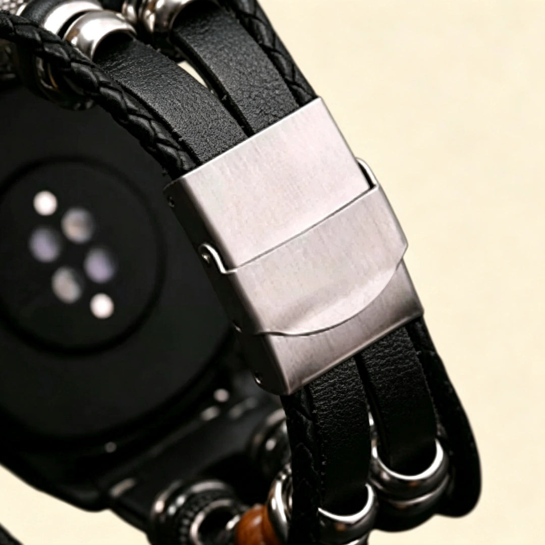 Baroque gunmetal black Apple Watch case — standalone front view showing full filigree scrollwork bezel with dark oxidized finish, cream background