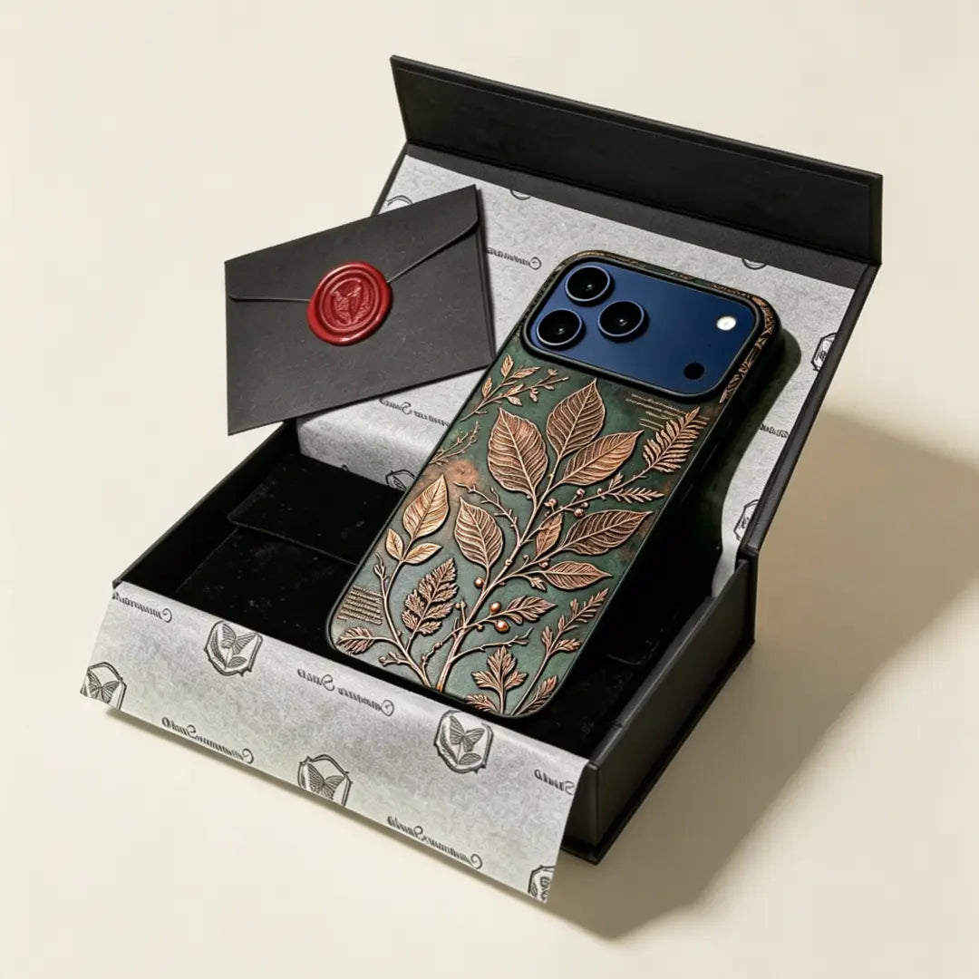 The Herbarium Specimen — Golden Botanical Branch & Latin Manuscript Enclosure for iPhone 17 Pro Max