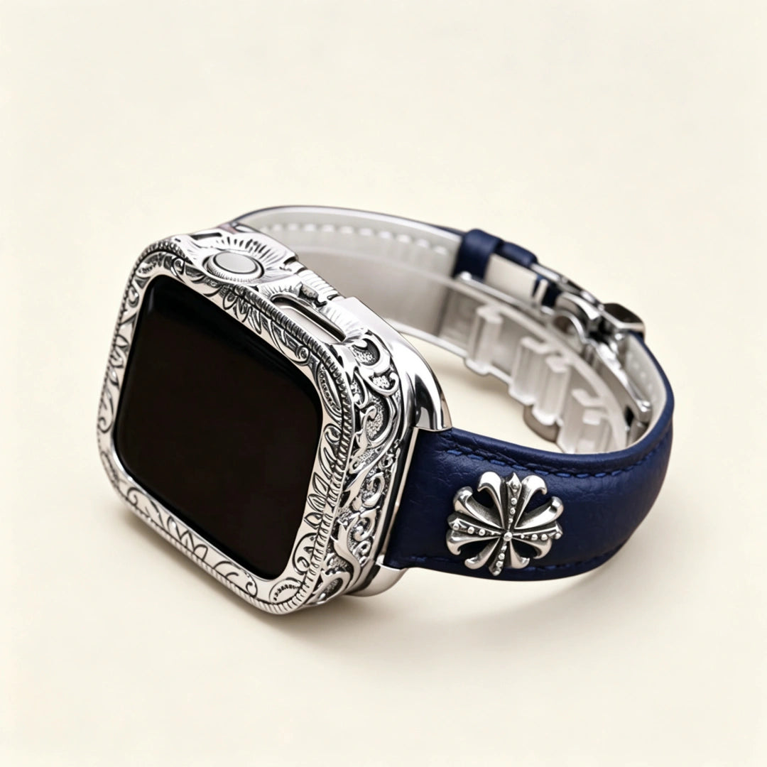 Baroque gunmetal black Apple Watch case — standalone three-quarter floating view showing full filigree scrollwork bezel with dark oxidized finish, cream background