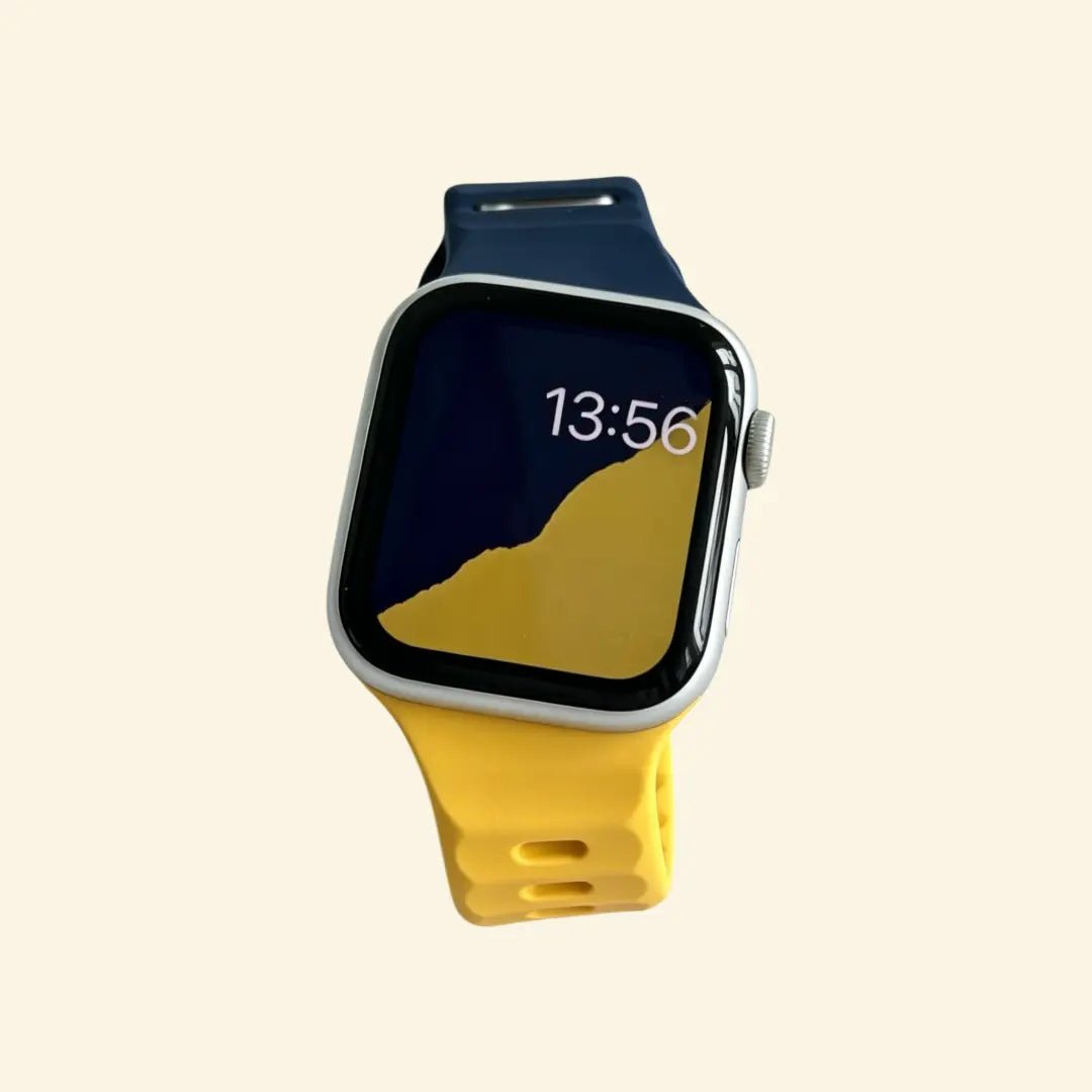 Dual-Tone Ocean Wave Silicone Apple Watch Band — Specimen No. 7601 - Carapace StudioApple Watch BandCarapace StudioCarapace StudioCS-7601-YLW-NVY-1Apple Watch Ultra 3 (49mm)Solar Dual-Tone Apple Watch Band — front wrist view showing navy and yellow contrast