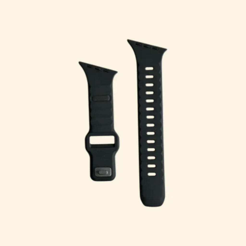 Monochrome Ocean Wave Silicone Apple Watch Band — angled view on cream background