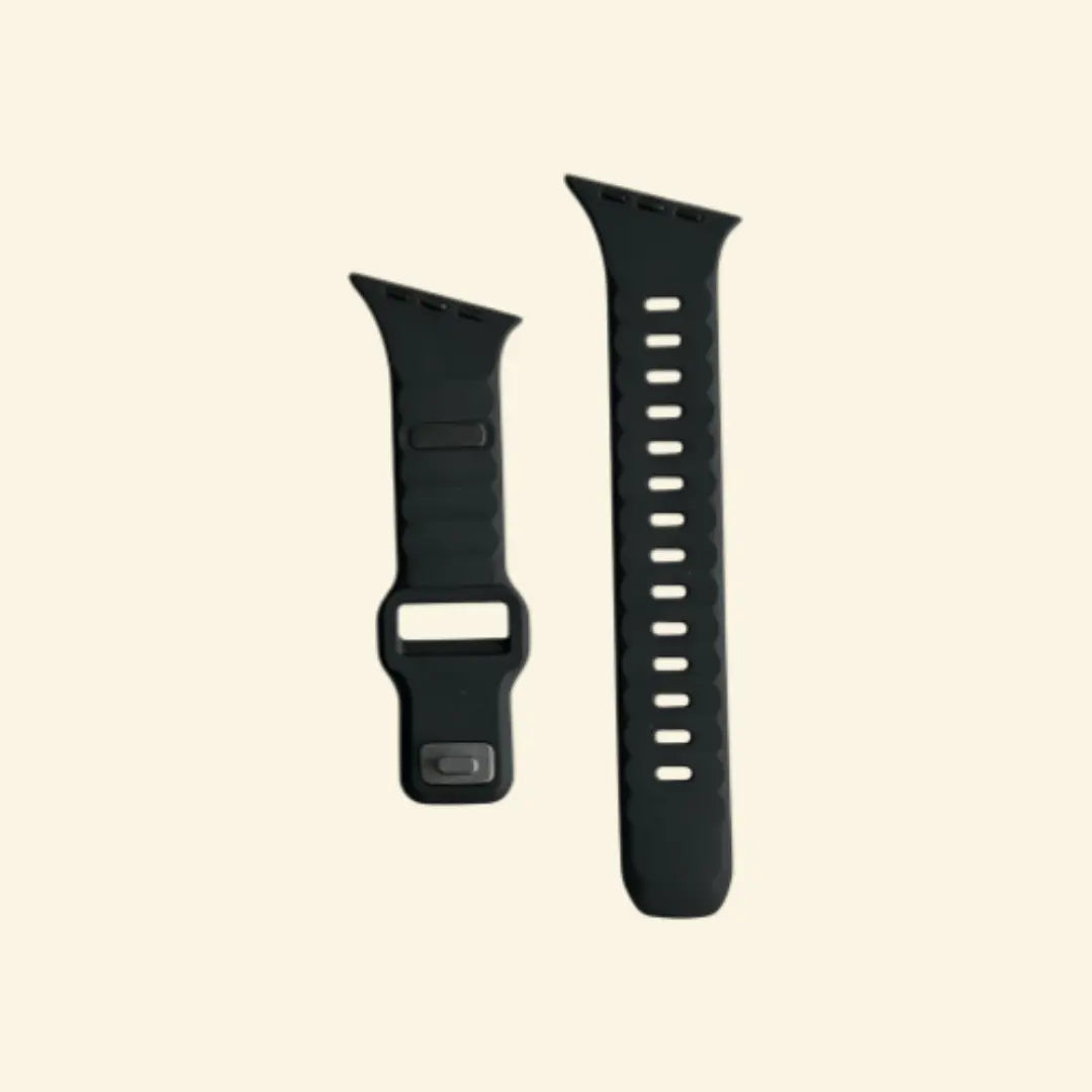 Monochrome Ocean Wave Silicone Apple Watch Band — angled view on cream background