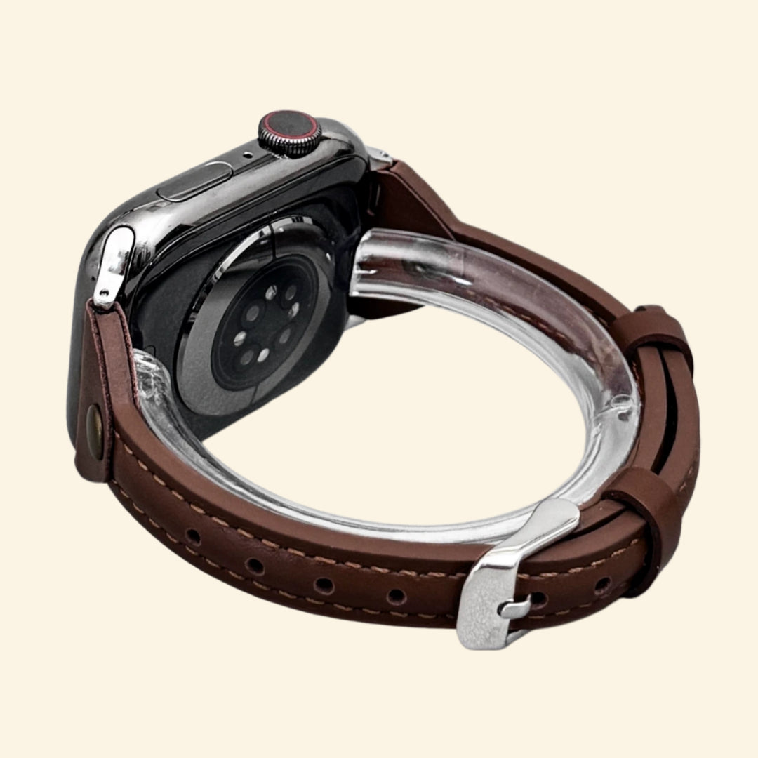 Mocha Espresso Leather Band — angled front view on Apple Watch