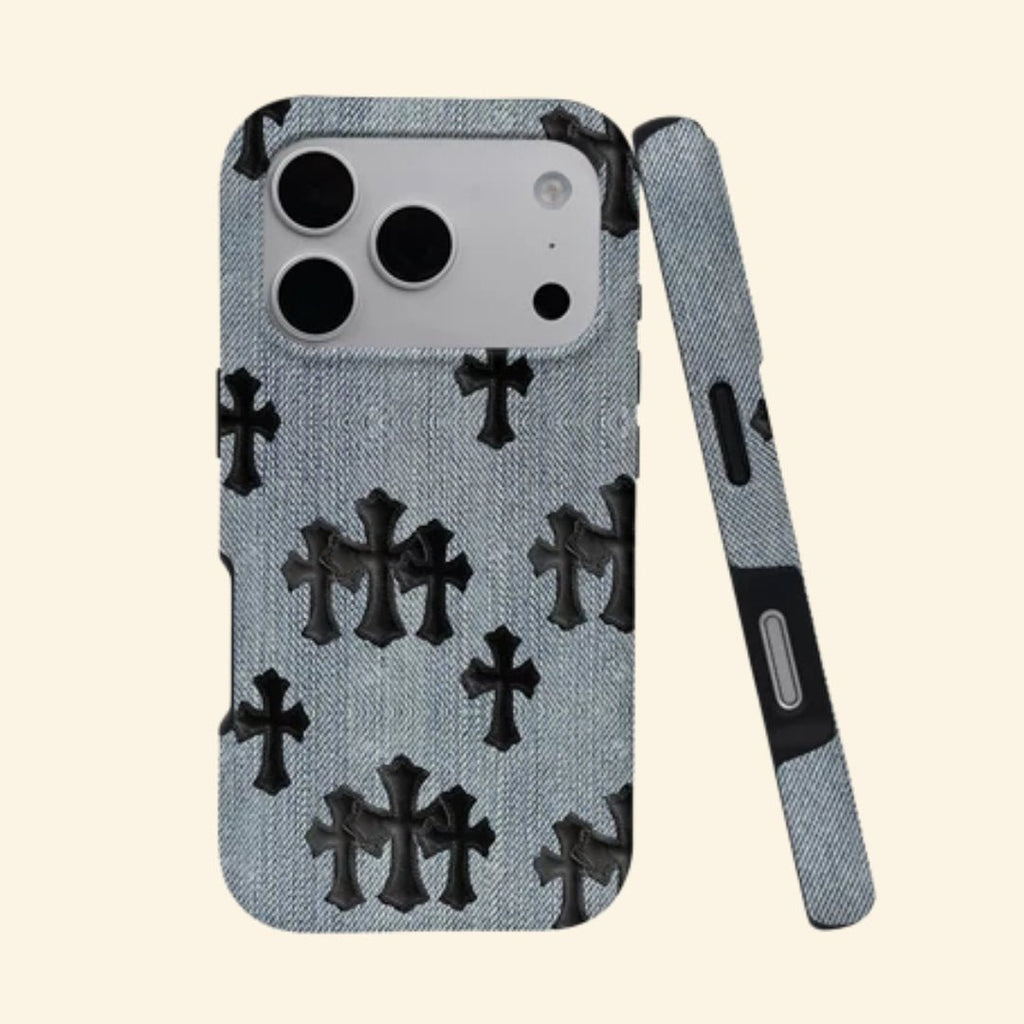 Denim Crucifix – Washed Denim & Gothic Leather Crosses iPhone Case - Carapace StudioPhone CaseCarapace StudioCarapace StudioCS-1505-DENIM-CRUCIFIX-1iPhone 17 Pro MaxDenim Crucifix case – front and side profile showing washed denim texture and gothic crosses