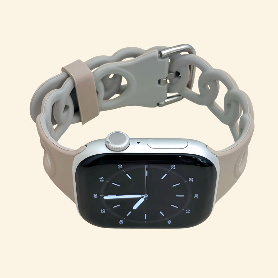 Nude Pink & Light Grey Cutout Chain Link Band — rear sensor view on Apple Watch