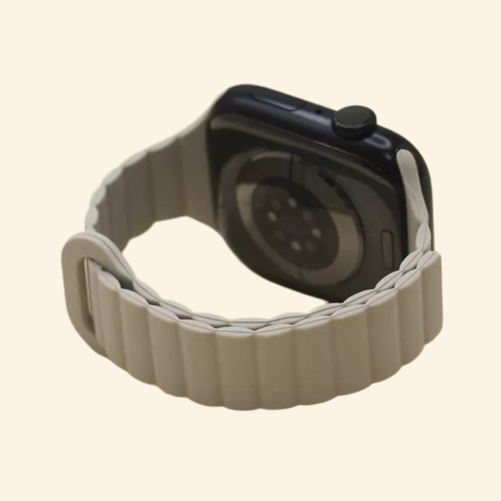 Cement Grey Magnetic Silicone Band — angled side profile on Apple Watch