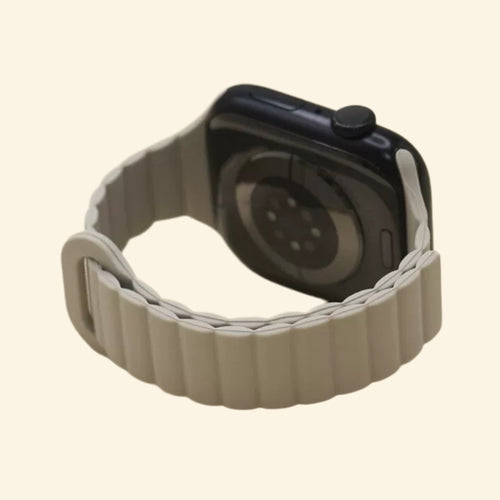 Cement Grey Magnetic Silicone Band — angled side profile on Apple Watch
