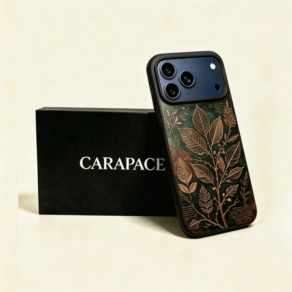The Herbarium Specimen — Golden Botanical Branch & Latin Manuscript Enclosure for iPhone 17 Pro Max