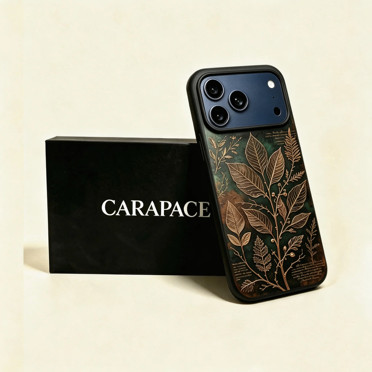 The Herbarium Specimen — Golden Botanical Branch & Latin Manuscript Enclosure for iPhone 17 Pro Max