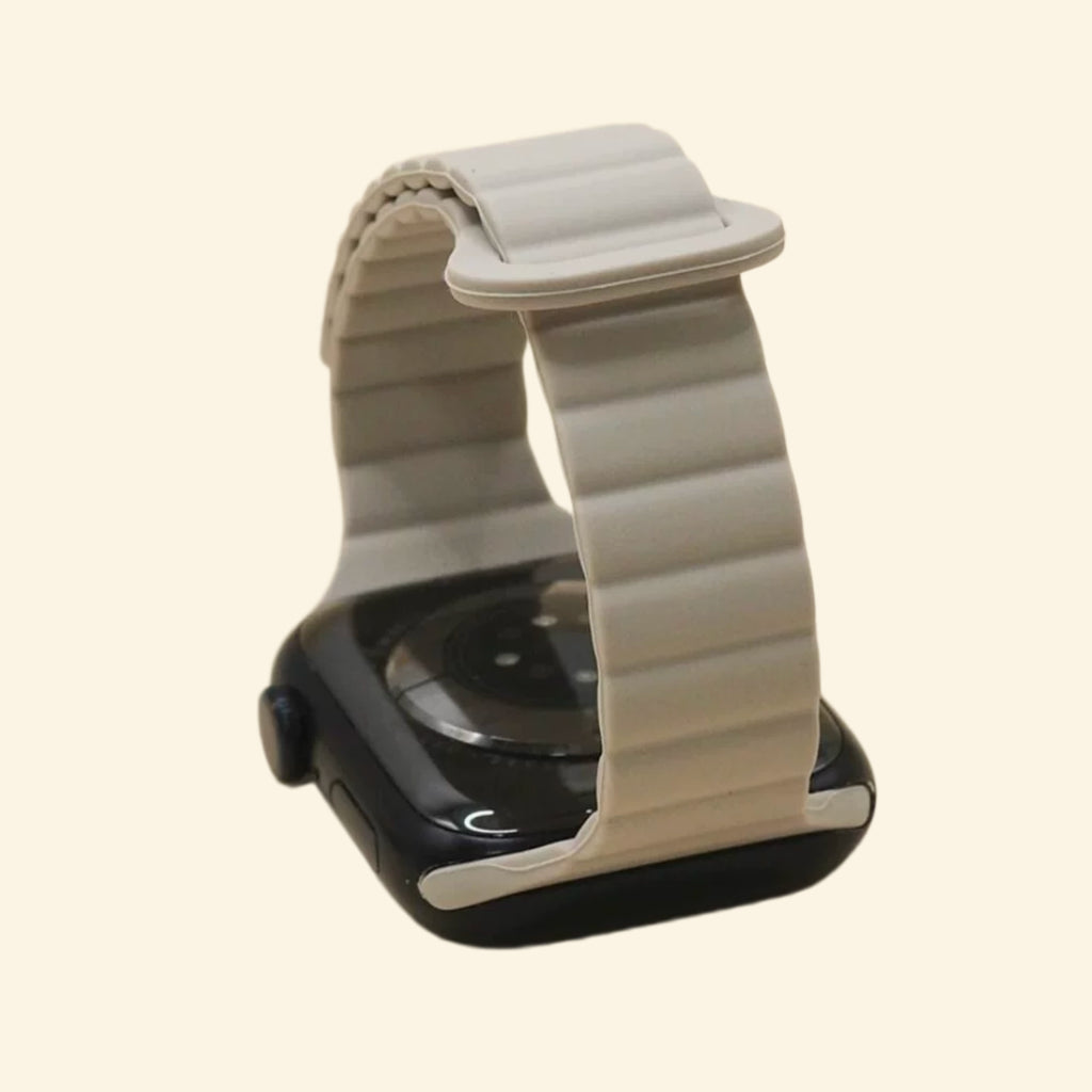 Cement Grey Magnetic Silicone Band — front face view on Apple Watch