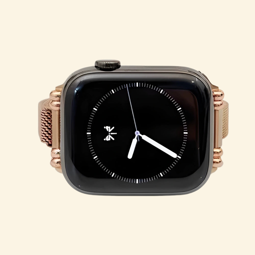 Starlight Milanese Band — rear sensor view with magnetic clasp on Apple Watch