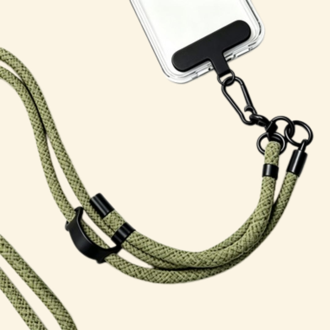 The Core Cord Army Green – lanyard attached to phone case detail view