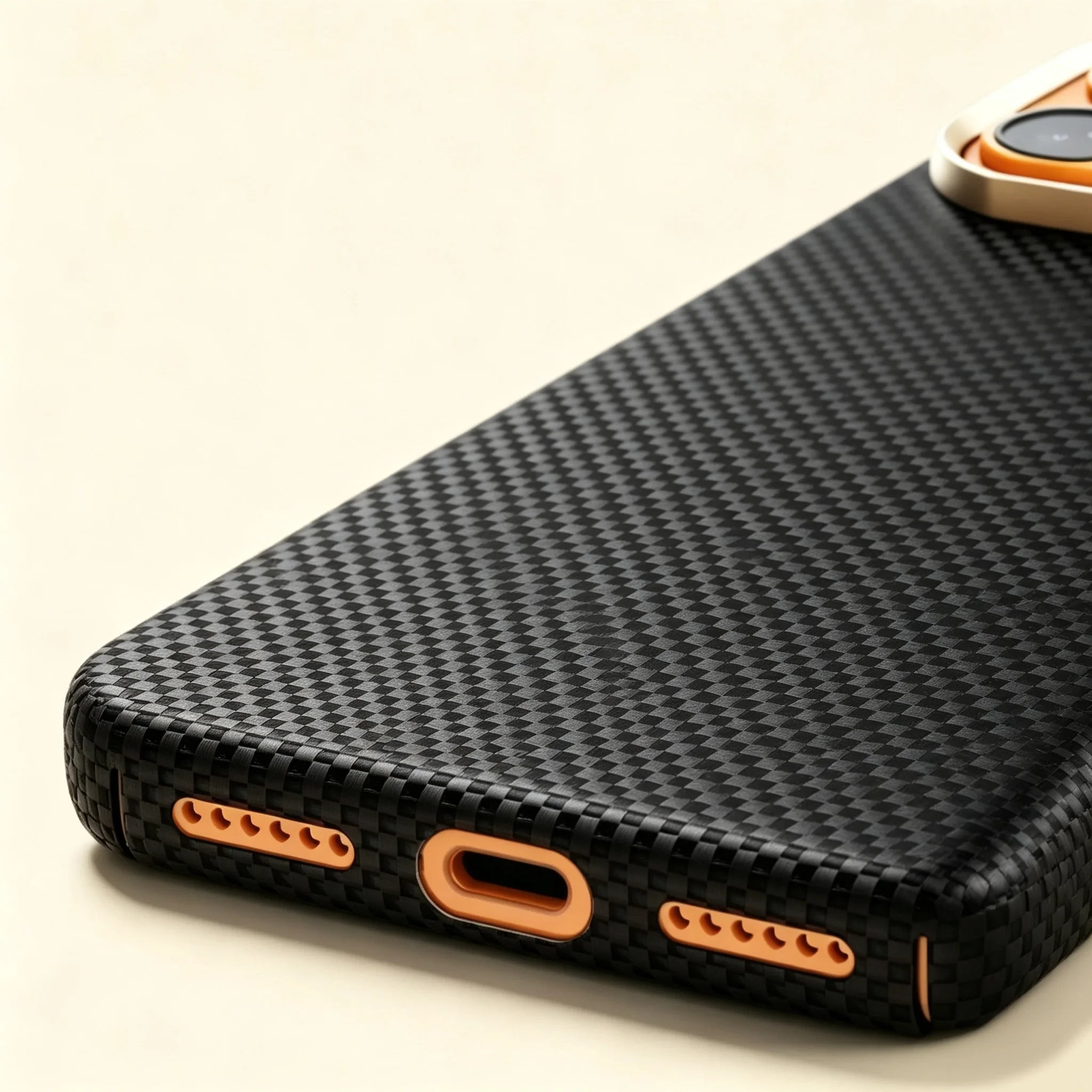 Specimen No. 10553 Obsidian Twill Aramid iPhone Case — bottom USB-C port detail with orange accent
