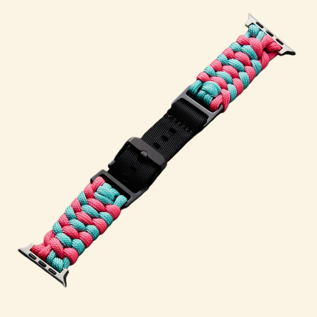Pink & Teal Paracord Braided Band for Apple Watch — Specimen No. 10313 - Carapace StudioApple Watch BandCarapace StudioCarapace StudioCS-10313-PCRD-PKT-AW-1Apple Watch Ultra 3 (49mm)Pink & Teal Paracord Braided Apple Watch Band — full band flat lay with matte black buckle showing complete pink-teal weave pattern, Specimen No. 10313