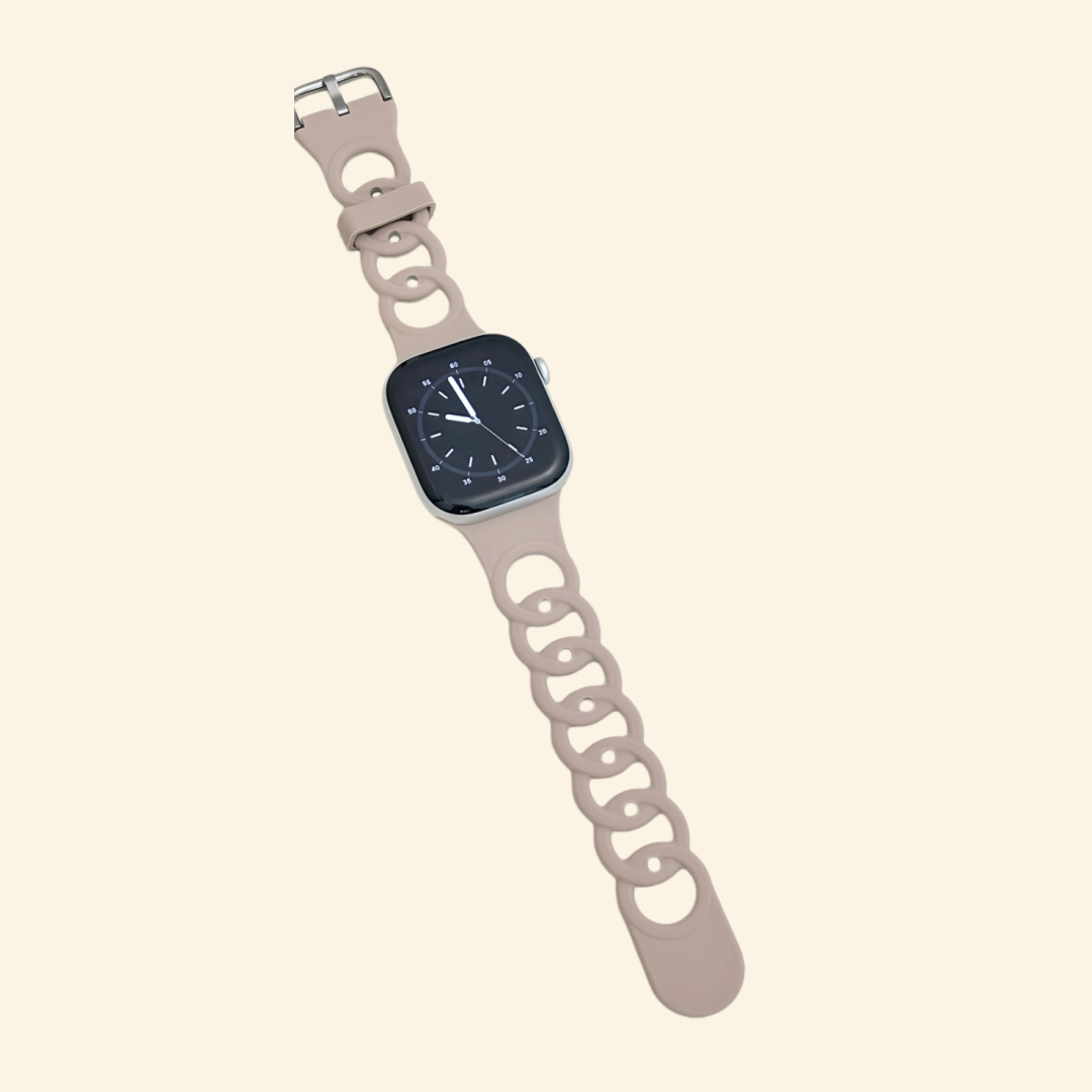 Nude Pink & Light Grey Cutout Chain Link Band — front face view on Apple Watch