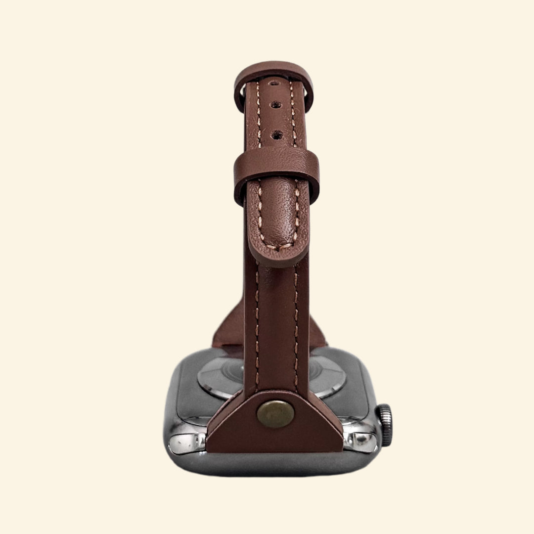 Mocha Espresso Leather Band — rear sensor view with tang buckle on Apple Watch