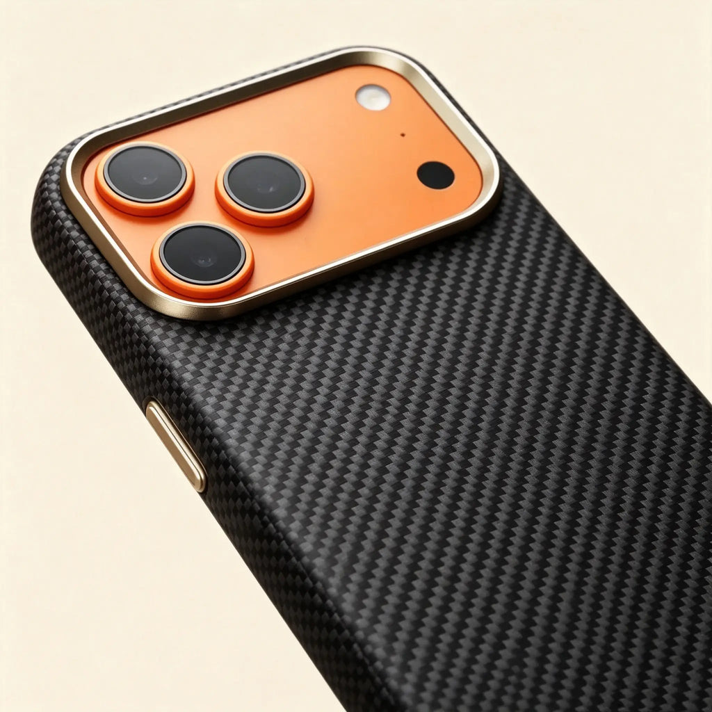 Specimen No. 10553 Obsidian Twill Aramid iPhone Case — gold camera bezel close-up angle