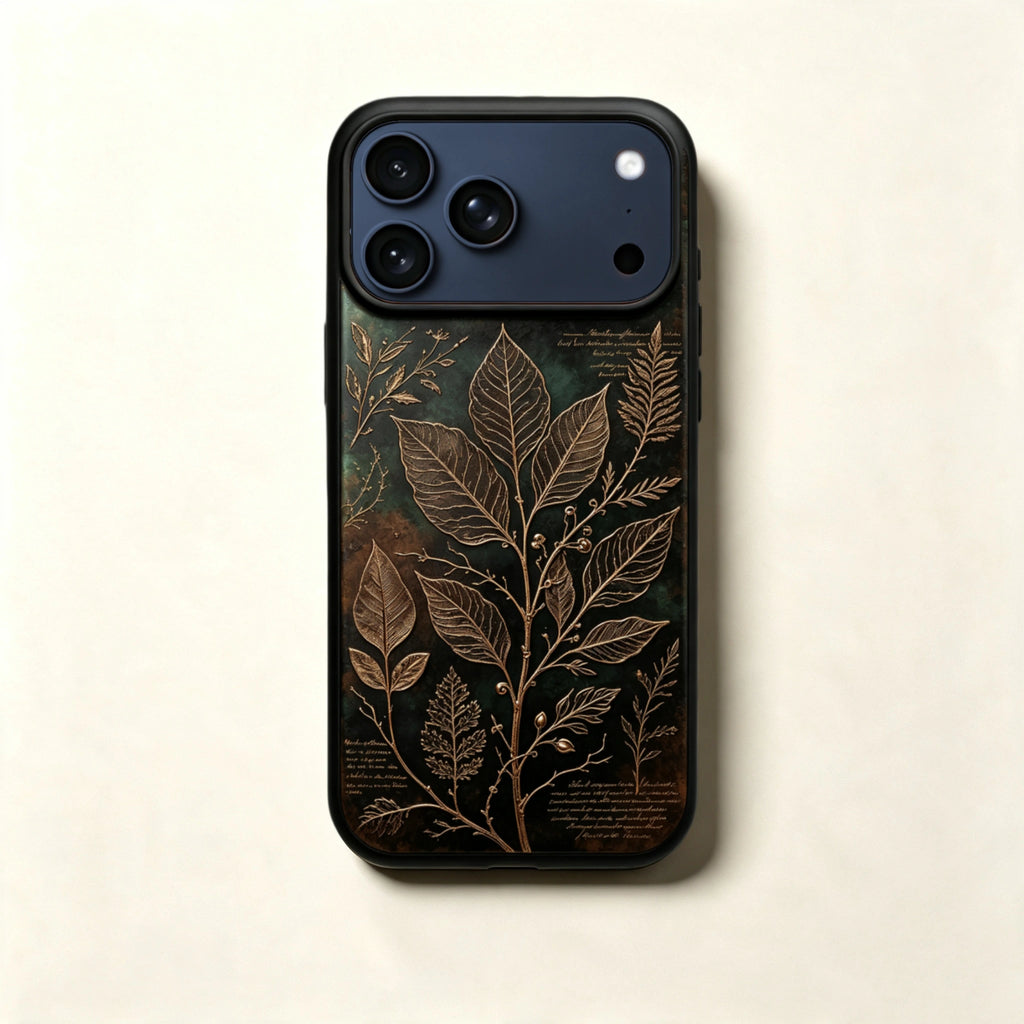 The Herbarium Specimen — Golden Botanical Branch & Latin Manuscript Enclosure for iPhone 17 Pro Max