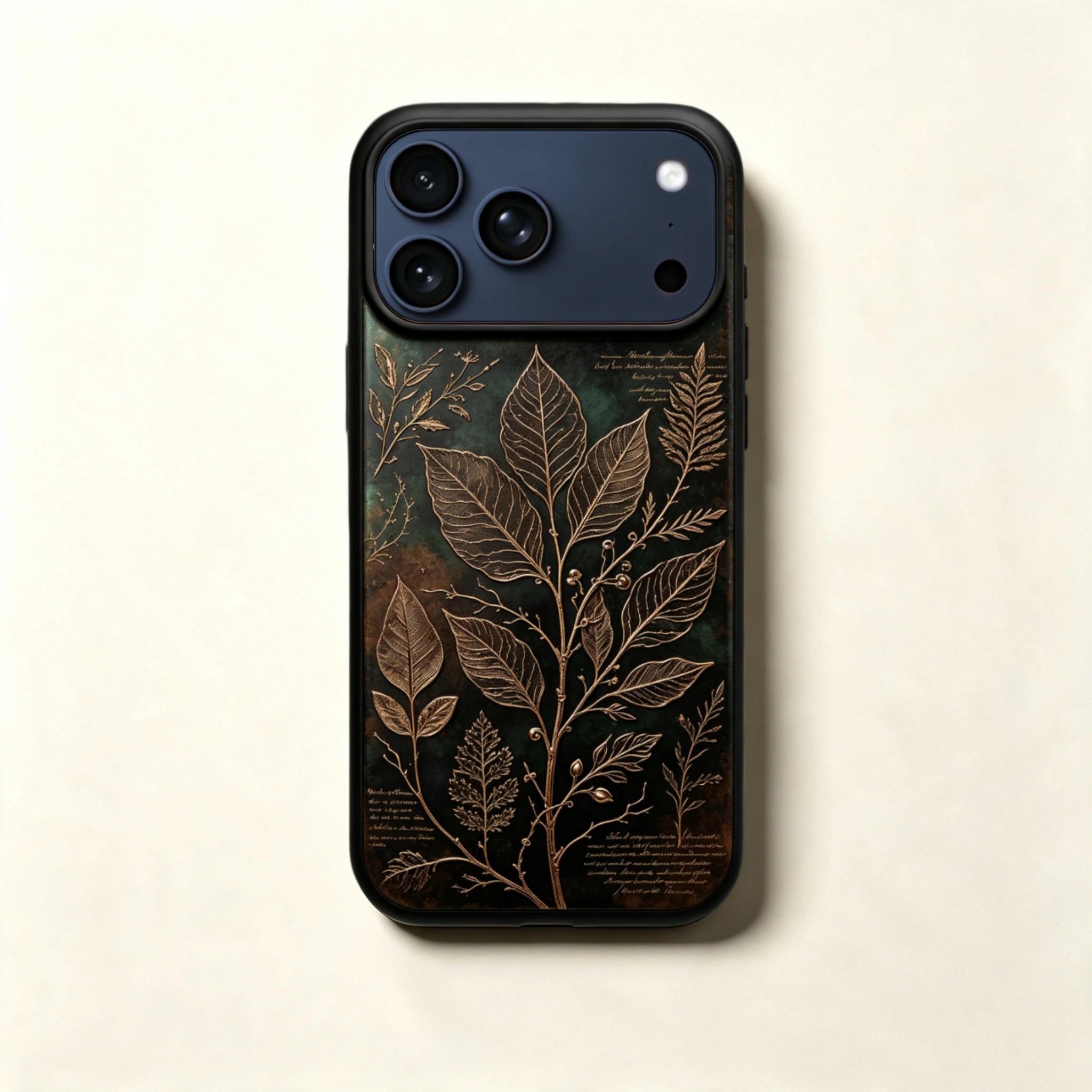The Herbarium Specimen — Golden Botanical Branch & Latin Manuscript Enclosure for iPhone 17 Pro Max