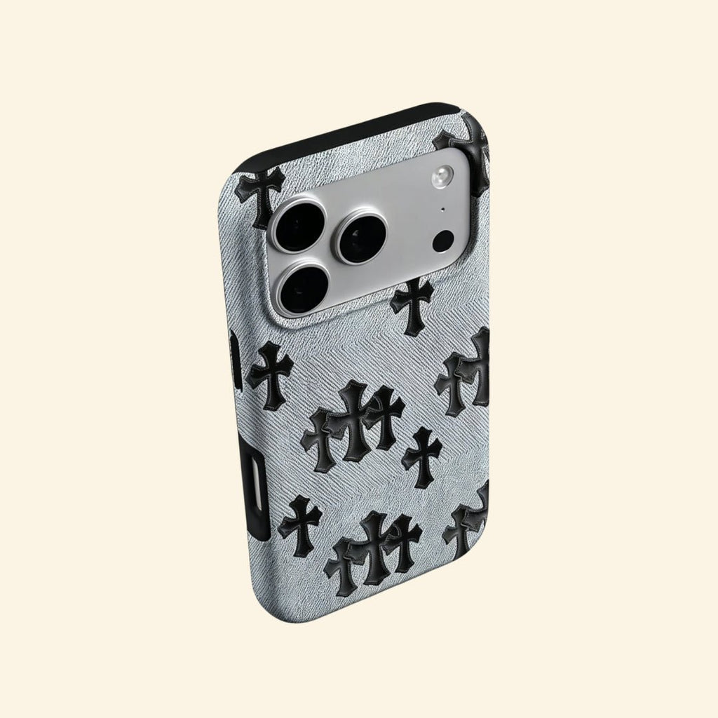 Denim Crucifix – Washed Denim & Gothic Leather Crosses iPhone Case - Carapace StudioPhone CaseCarapace StudioCarapace StudioCS-1505-DENIM-CRUCIFIX-5iPhone 16 Pro MaxDenim Crucifix case – floating angled view showing embossed leather crosses on denim