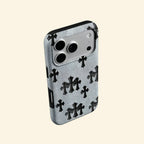 Denim Crucifix – Washed Denim & Gothic Leather Crosses iPhone Case - Carapace StudioPhone CaseCarapace StudioCarapace StudioCS-1505-DENIM-CRUCIFIX-5iPhone 16 Pro MaxDenim Crucifix case – floating angled view showing embossed leather crosses on denim