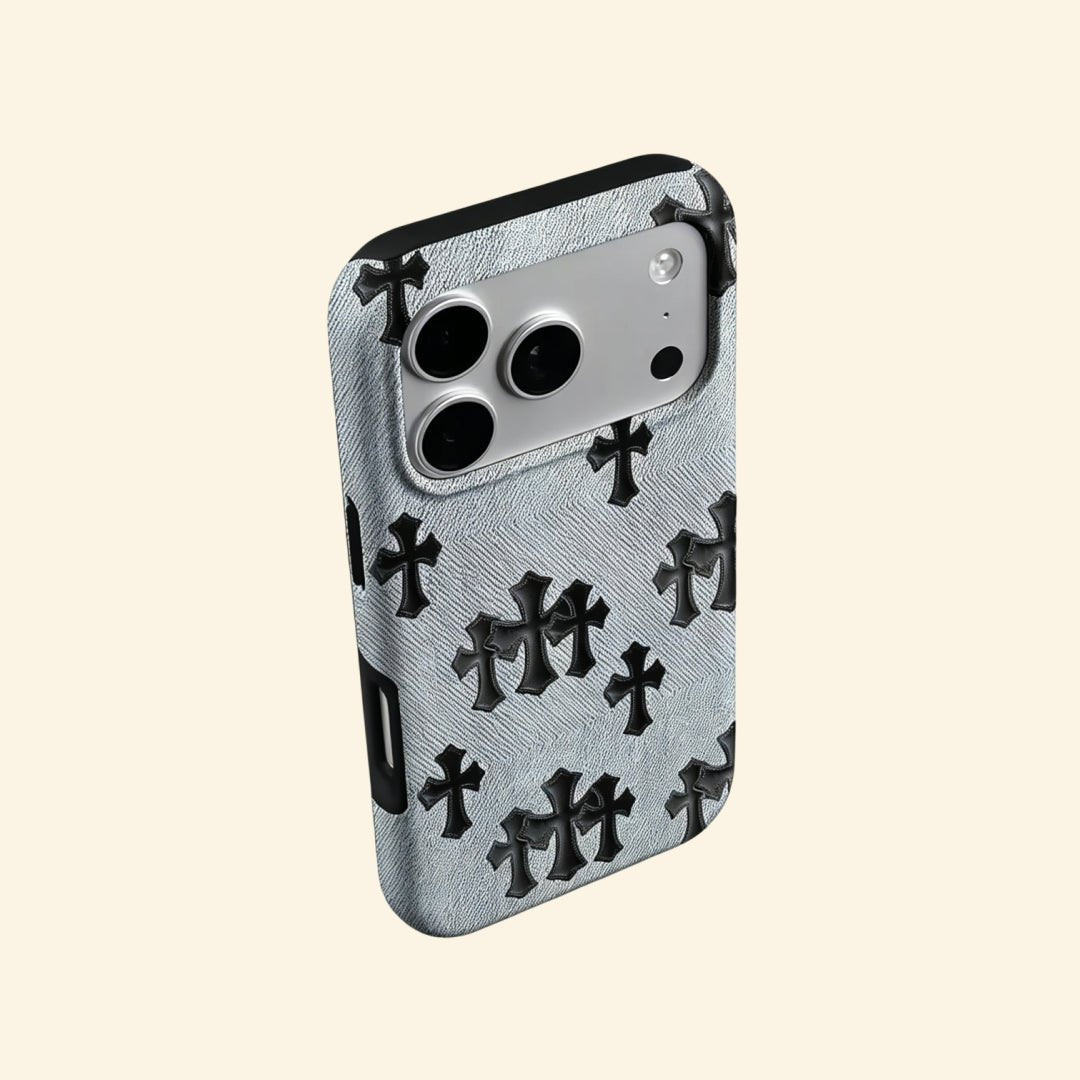 Denim Crucifix – Washed Denim & Gothic Leather Crosses iPhone Case - Carapace StudioPhone CaseCarapace StudioCarapace StudioCS-1505-DENIM-CRUCIFIX-5iPhone 16 Pro MaxDenim Crucifix case – floating angled view showing embossed leather crosses on denim