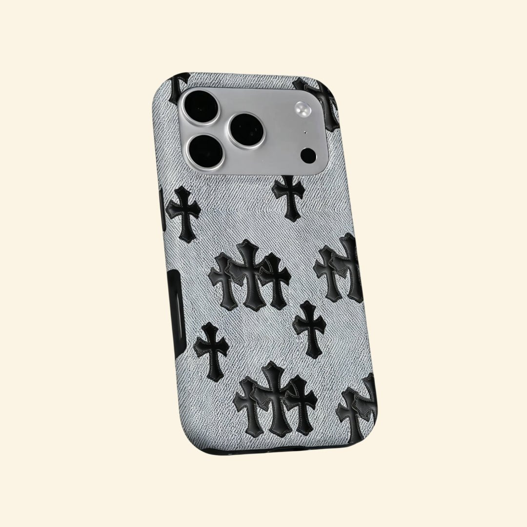 Denim Crucifix – Washed Denim & Gothic Leather Crosses iPhone Case - Carapace StudioPhone CaseCarapace StudioCarapace StudioCS-1505-DENIM-CRUCIFIX-5iPhone 16 Pro MaxDenim Crucifix case – top-down angled view showing camera island and cross pattern