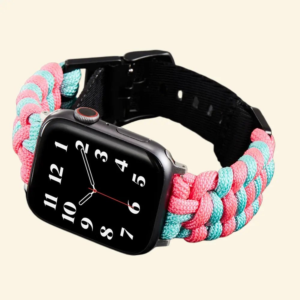 Pink & Teal Paracord Braided Band for Apple Watch — Specimen No. 10313 - Carapace StudioApple Watch BandCarapace StudioCarapace StudioCS-10313-PCRD-PKT-AW-1Apple Watch Ultra 3 (49mm)Pink & Teal Paracord Braided Apple Watch Band — front-facing view on Apple Watch Ultra showing high-contrast cyberpunk pink and teal braid, Specimen No. 10313