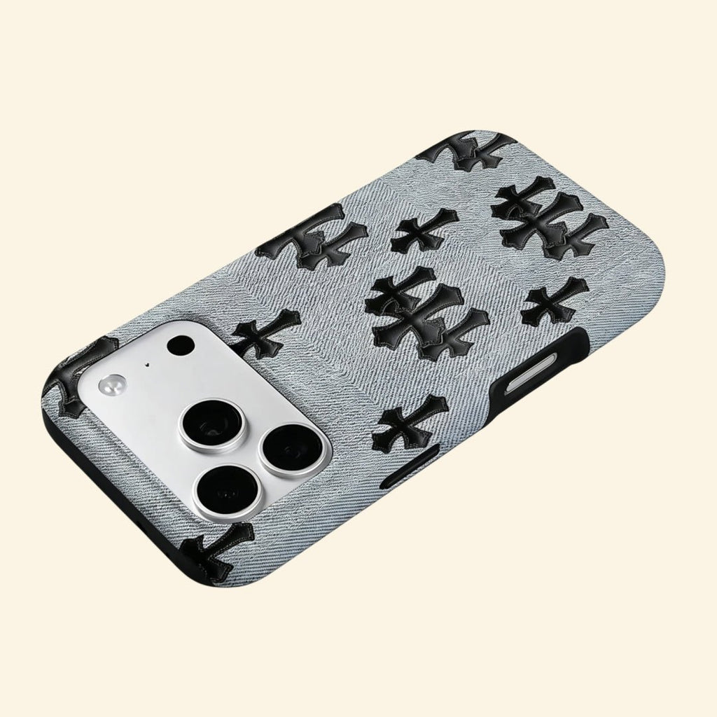 Denim Crucifix – Washed Denim & Gothic Leather Crosses iPhone Case - Carapace StudioPhone CaseCarapace StudioCarapace StudioCS-1505-DENIM-CRUCIFIX-5iPhone 16 Pro MaxDenim Crucifix case – low-angle side view showing full denim and cross texture