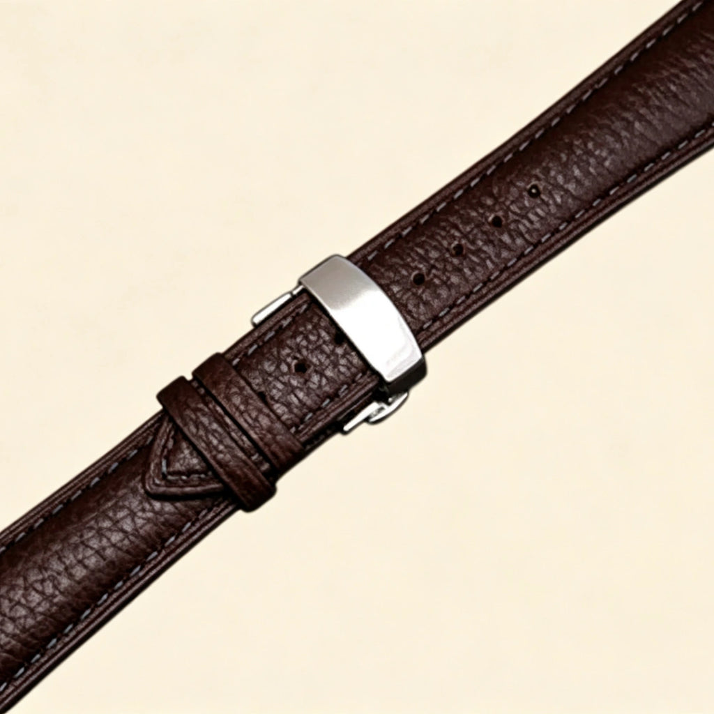 Baroque silver Apple Watch case detail composite — top: back sensor cutout and lug ports close-up; bottom left: case held in hand back view; bottom right: case side profile showing spring hinge