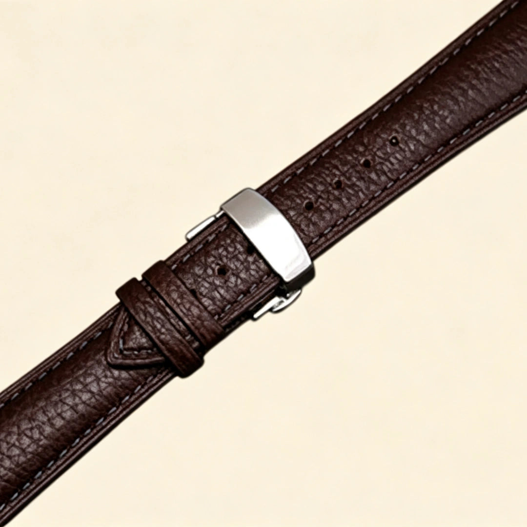 Baroque silver Apple Watch case detail composite — top: back sensor cutout and lug ports close-up; bottom left: case held in hand back view; bottom right: case side profile showing spring hinge