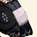 Baroque silver Apple Watch case detail composite — top: back sensor cutout and lug ports close-up; bottom left: case held in hand back view; bottom right: case side profile showing spring hinge