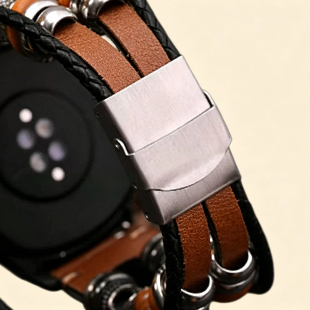 Baroque silver Apple Watch case detail composite — top: back sensor cutout and lug ports close-up; bottom left: case held in hand back view; bottom right: case side profile showing spring hinge